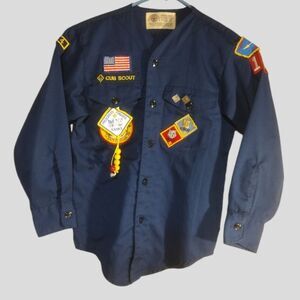 Boys Youth Vintage 1980's Cub Scout BSA Long Sleeve Uniform Shirt W/ Patches!